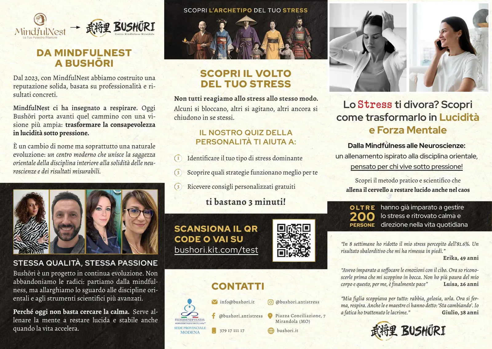 Brochure a tre ante Bushori aperta, materiale cartaceo a risposta diretta