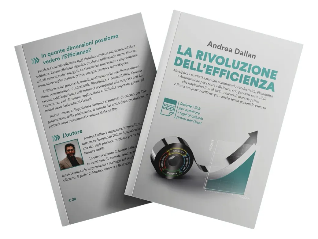Fronte e retro del libro La Rivoluzione dell'Efficienza di Andrea Dallan, design Keryx