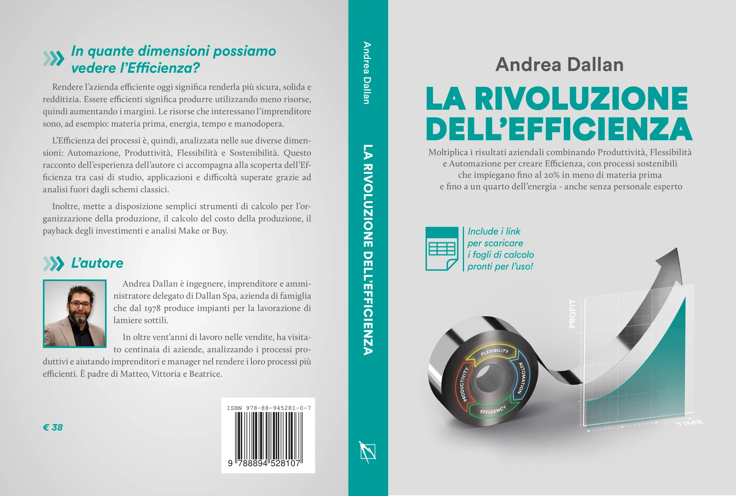 Stesa completa della copertina de La Rivoluzione dell'Efficienza: quarta, dorso e fronte
