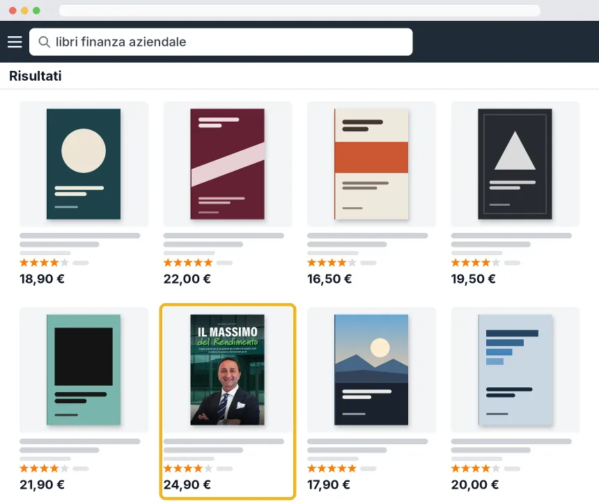 Esempio: risultati di una ricerca di libri in un negozio online. Tra copertine inventate, il libro «Il Massimo del Rendimento» incorniciato in oro