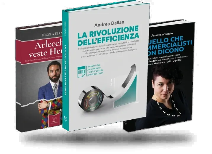 Tre libri progettati da Keryx Design: «La Rivoluzione dell'Efficienza», «Arlecchino veste Hermès?», «Quello che i commercialisti non dicono»