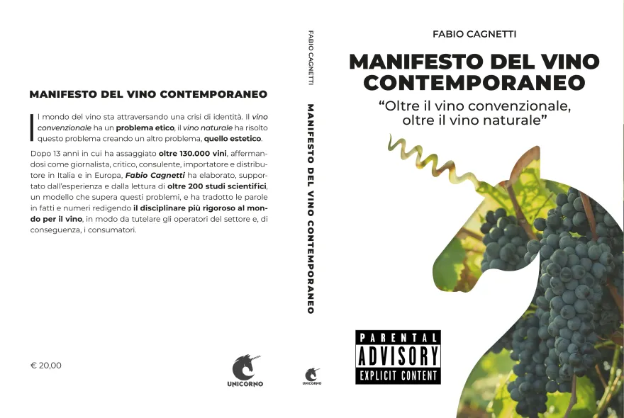 Stesa completa della copertina del Manifesto del Vino Contemporaneo: quarta, dorso e fronte